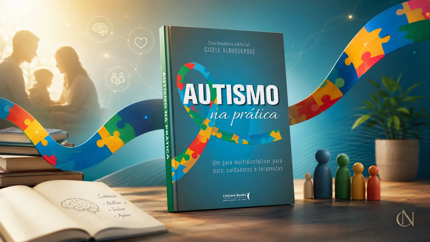 Livro Autismo na Prática em cenário com fita de quebra-cabeça